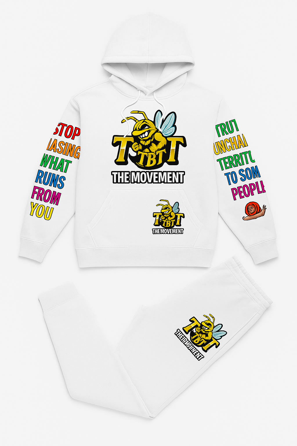 This premium white sweatshirt set features the two be told branding and signature bumblebee mass mascot
