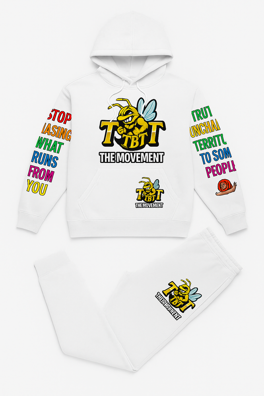 This premium white sweatshirt set features the two be told branding and signature bumblebee mass mascot